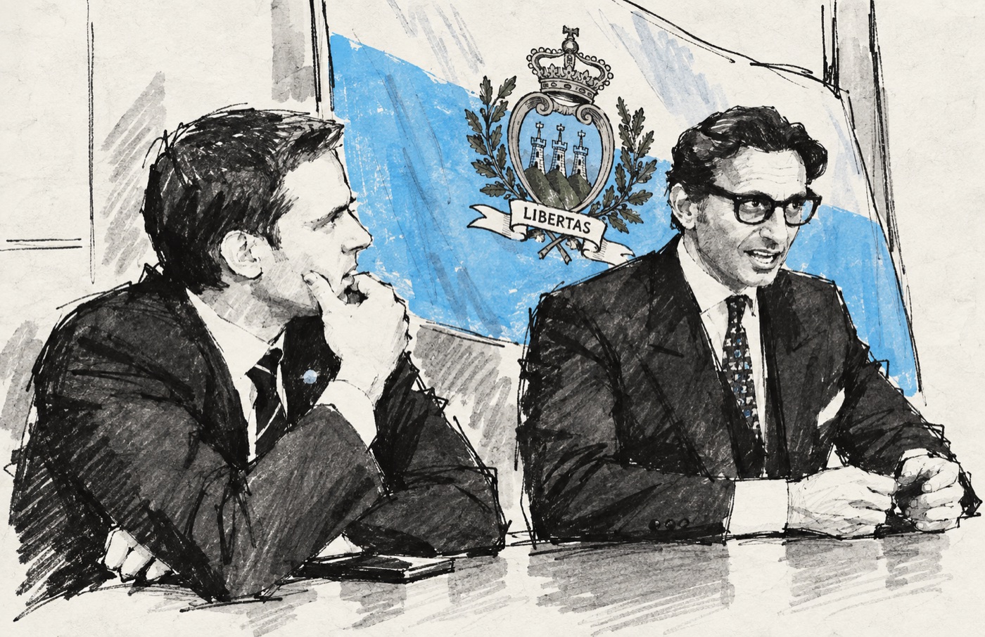 Illustration of Sergio Mottola in discussion against the San Marino flag