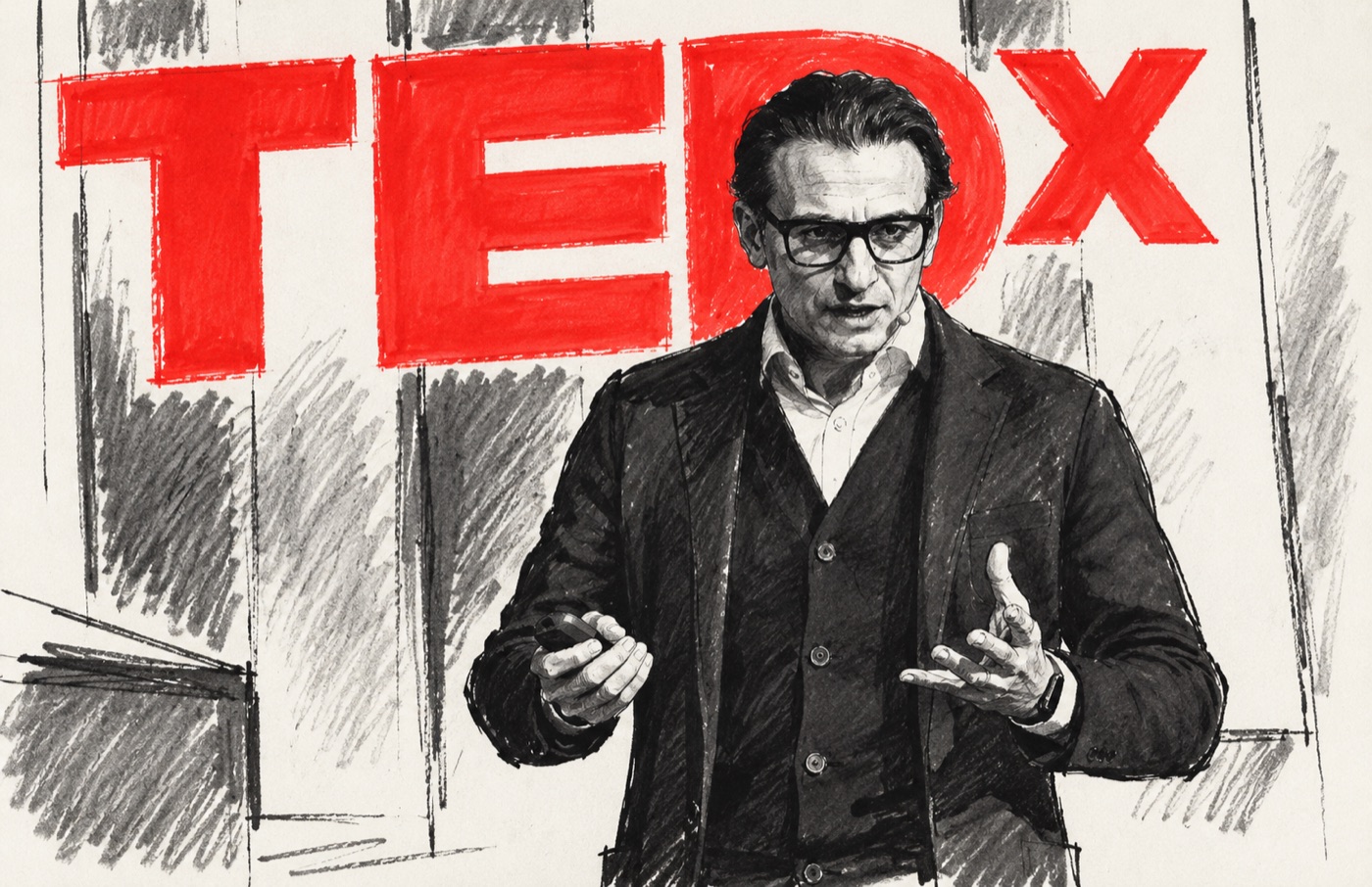 Illustration of Sergio Mottola speaking on the TEDx stage